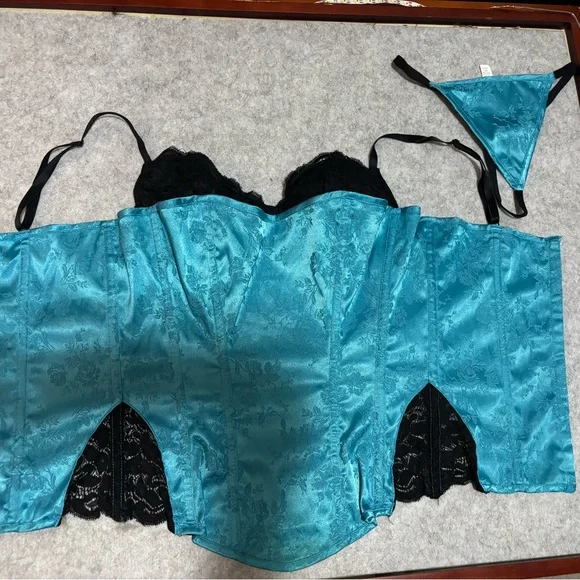 Frederick's of Hollywood Teal and Black Lace Corset Set - Picture 1 of 4